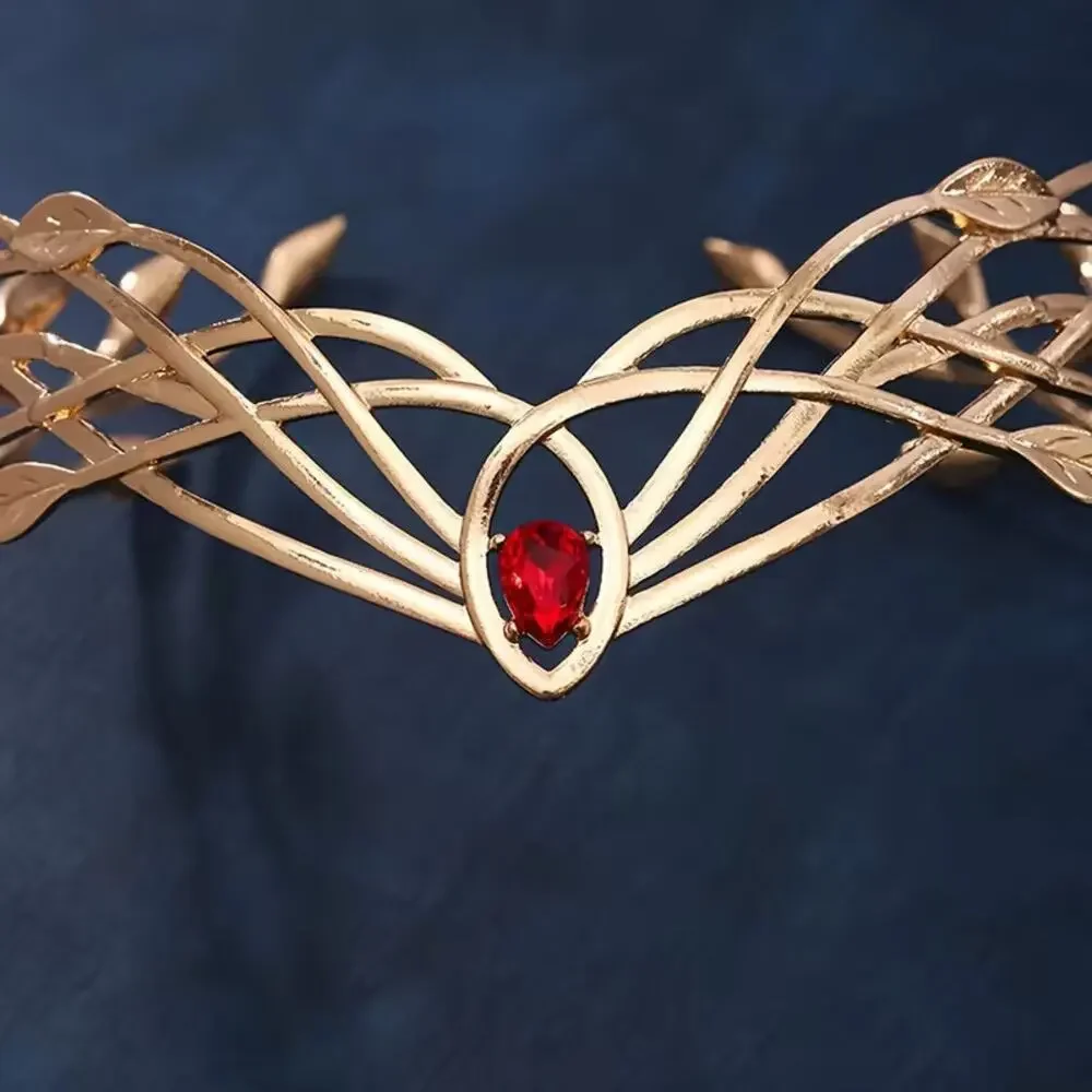 Super hero, Wonder Woman, Golden Elven Leaf Crown Fantasy Tiara w/ Red Gemstone